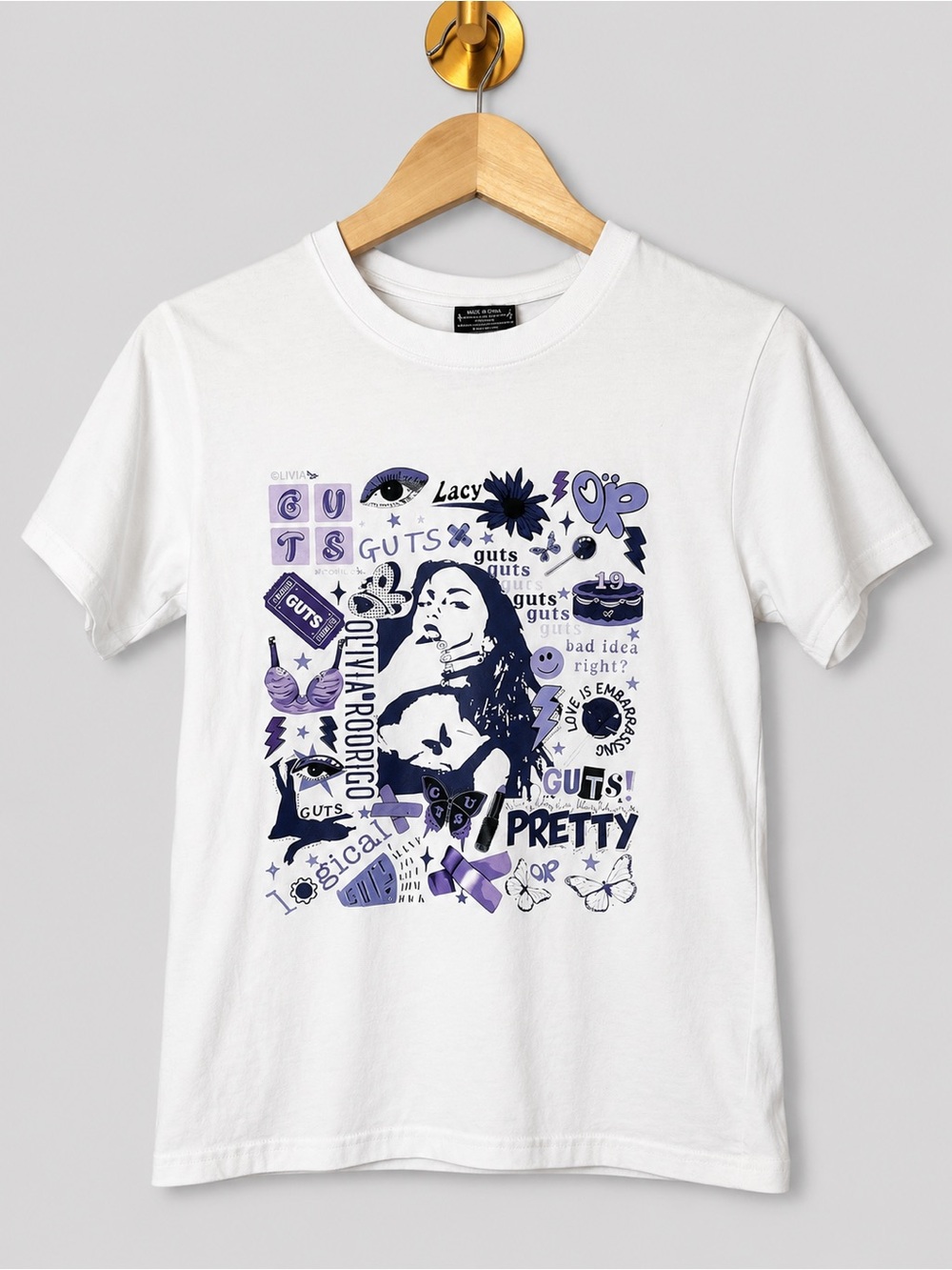 Olivia Rodrigo GUTS Graphic T-Shirt White Purple Album Merch Short Sleeve Tee